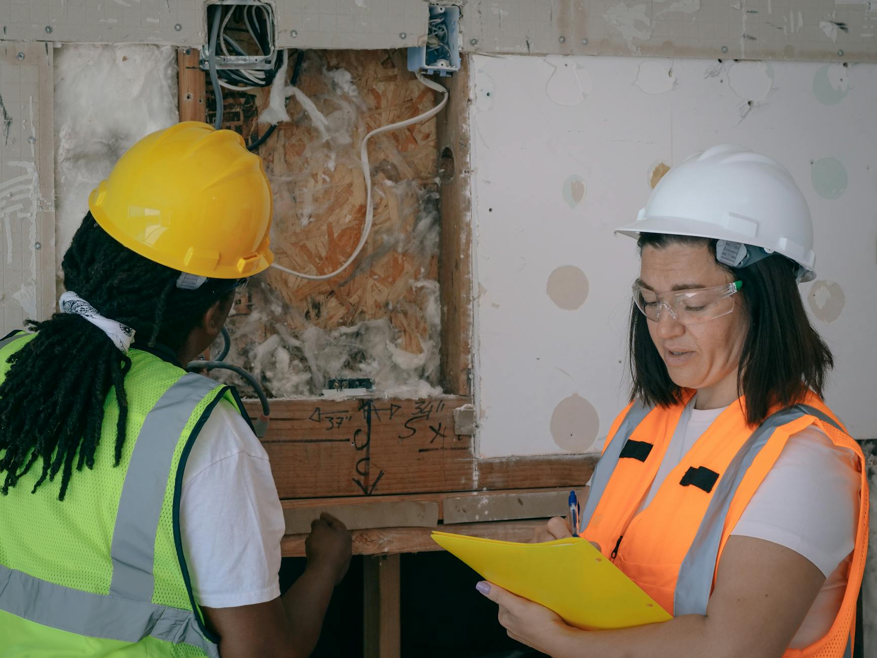 Dwóch pracowników w kaskach kontroluje instalację elektryczną na budowie Dwóch pracowników w kaskach kontroluje instalację elektryczną na budowie