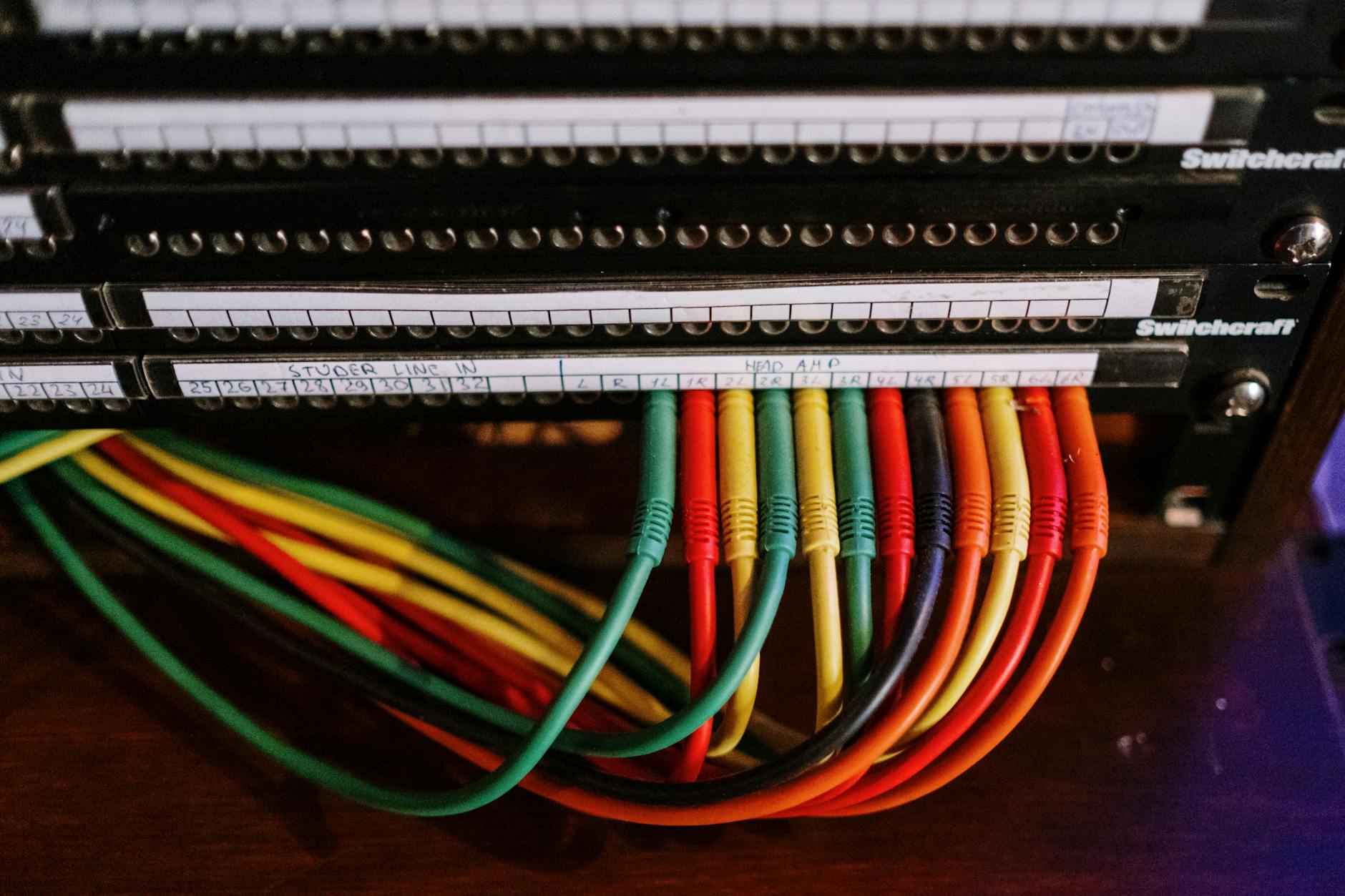 Kolorowe kable połączeniowe wpięte w panel z opisanymi gniazdami